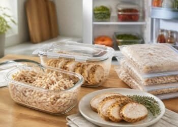 Shredded and sliced cooked chicken in glass storage containers and flat freezer bags on a wooden counter, with a plate of sliced roasted chicken and thyme in front of an open refrigerator
