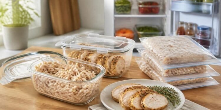 Shredded and sliced cooked chicken in glass storage containers and flat freezer bags on a wooden counter, with a plate of sliced roasted chicken and thyme in front of an open refrigerator