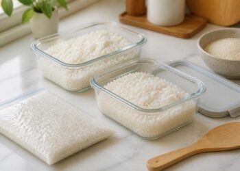 Cooked white rice in two glass storage containers and a flat freezer bag on a marble kitchen counter, with a bowl of uncooked rice and a wooden rice paddle