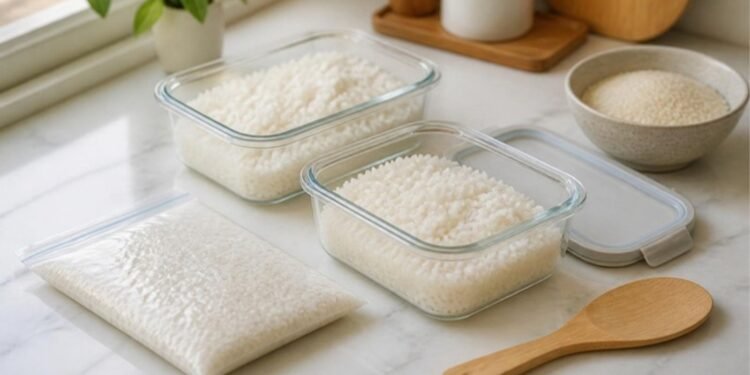 Cooked white rice in two glass storage containers and a flat freezer bag on a marble kitchen counter, with a bowl of uncooked rice and a wooden rice paddle