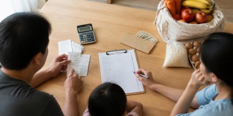 Parents and a young child at a wooden kitchen table with grocery receipts, a calculator, a shopping list on a clipboard and an envelope of cash, beside a cloth bag of carrots, apples and bananas, a bag of rice and a carton of eggs