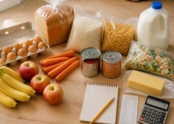 Weekly groceries for a family arranged on a kitchen counter next to a handwritten shopping list, a receipt and a calculator