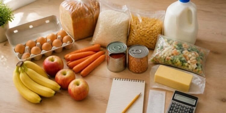 Weekly groceries for a family arranged on a kitchen counter next to a handwritten shopping list, a receipt and a calculator