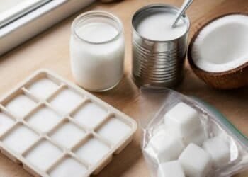 Frozen coconut milk cubes in an ice cube tray and a zip-top freezer bag on a wooden counter, beside a jar of coconut milk, an opened can with a spoon and half a fresh coconut