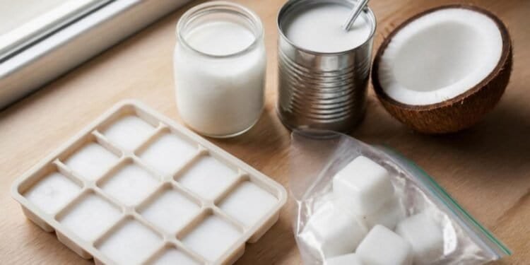 Frozen coconut milk cubes in an ice cube tray and a zip-top freezer bag on a wooden counter, beside a jar of coconut milk, an opened can with a spoon and half a fresh coconut