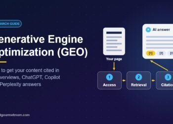 Diagram showing a web page passing through three stages—Access, Retrieval and Citation—before being cited as source [1] in an AI-generated answer, beside the title Generative Engine Optimization (GEO).