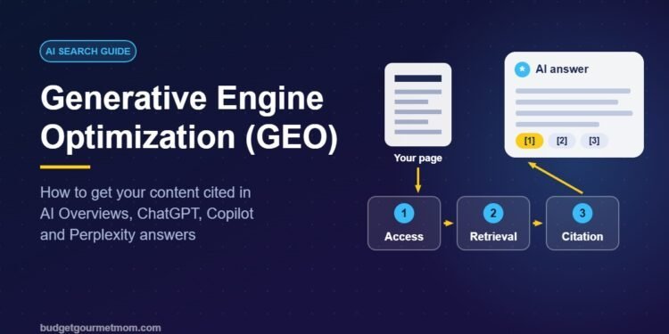 Diagram showing a web page passing through three stages—Access, Retrieval and Citation—before being cited as source [1] in an AI-generated answer, beside the title Generative Engine Optimization (GEO).