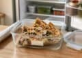 Slices of leftover vegetable pizza in a glass storage container on a kitchen counter, with its lid and a roll of foil beside it and an open refrigerator behind