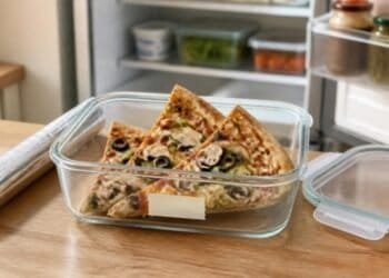 Slices of leftover vegetable pizza in a glass storage container on a kitchen counter, with its lid and a roll of foil beside it and an open refrigerator behind