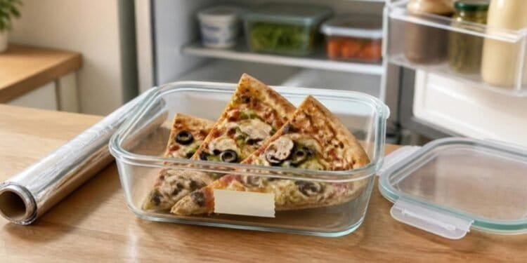Slices of leftover vegetable pizza in a glass storage container on a kitchen counter, with its lid and a roll of foil beside it and an open refrigerator behind