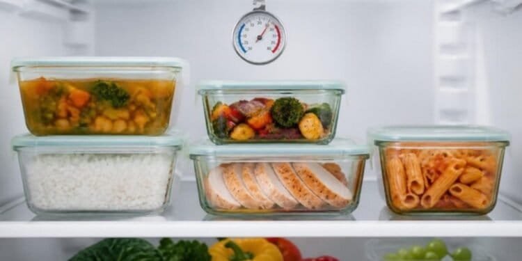 Glass containers of leftover soup, rice, roasted vegetables, sliced chicken and pasta on a refrigerator shelf, with a dial thermometer hanging above