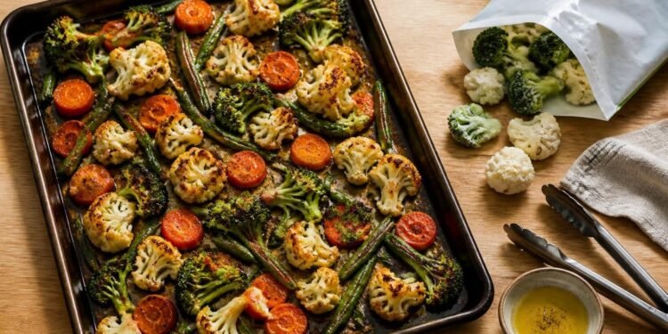 Sheet pan of roasted broccoli, cauliflower, carrot slices and green beans with browned edges, next to an open bag of frozen florets, metal tongs, a small bowl of olive oil and a linen towel on a wooden counter